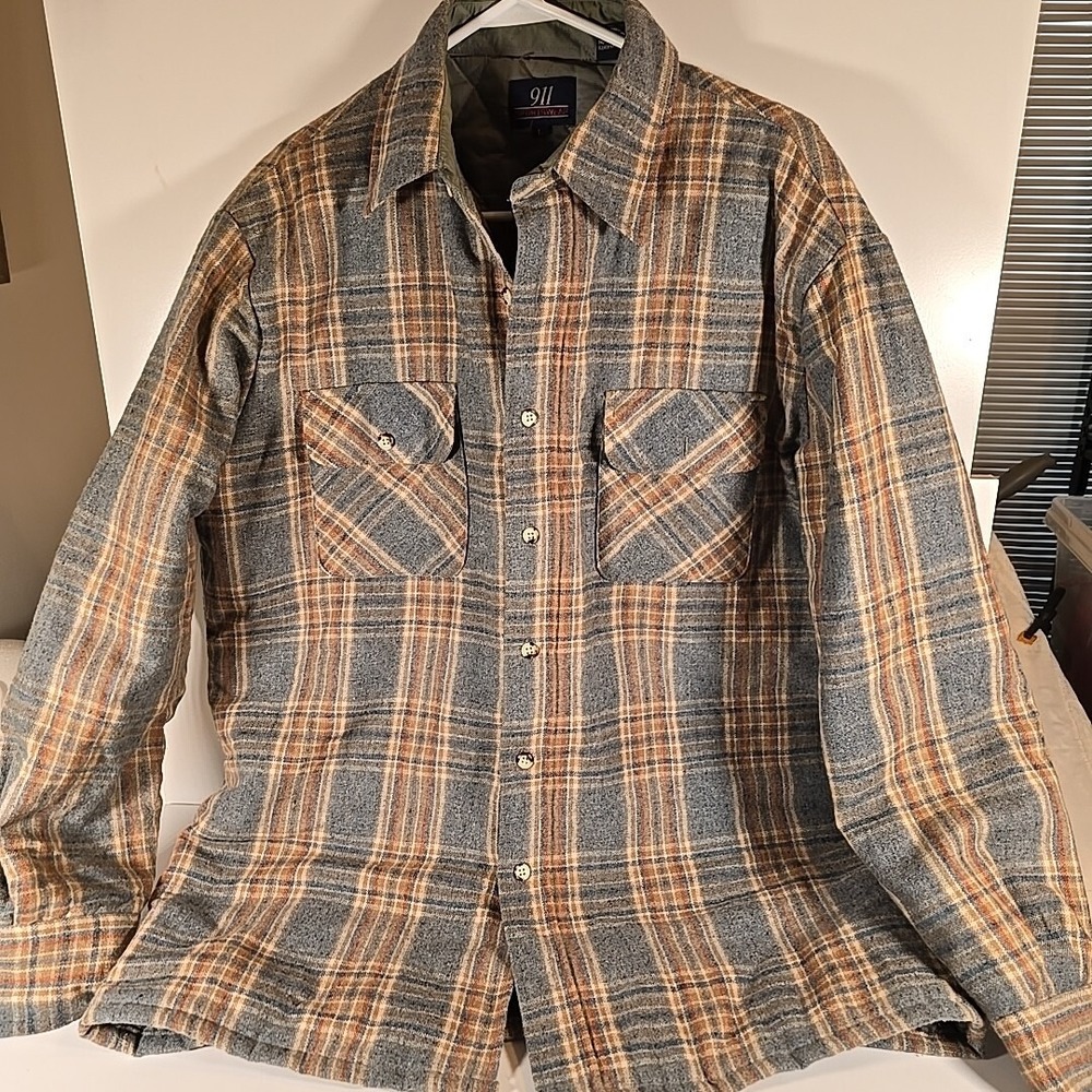 Vtg 80's 911 Sportswear Plaid Quilted‎ Wool Blend Flannel Hunting Shirt Jacket L
